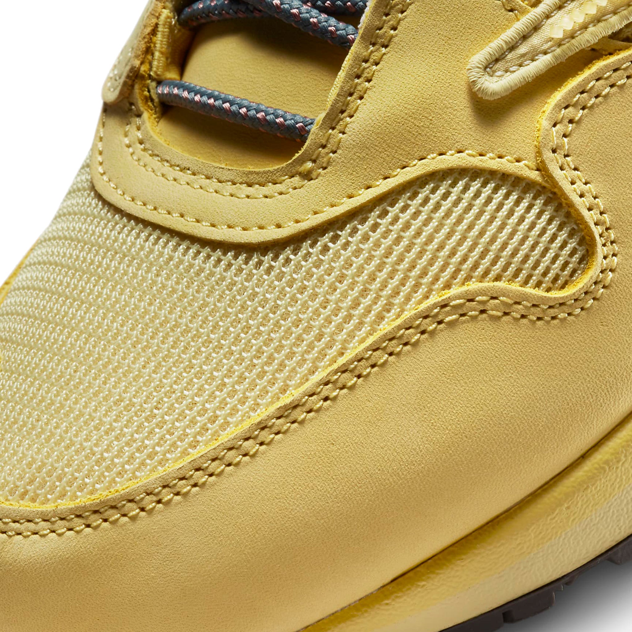 Toe box view of Travis Scott x Nike Air Max 1 Saturn Gold DO9392-700